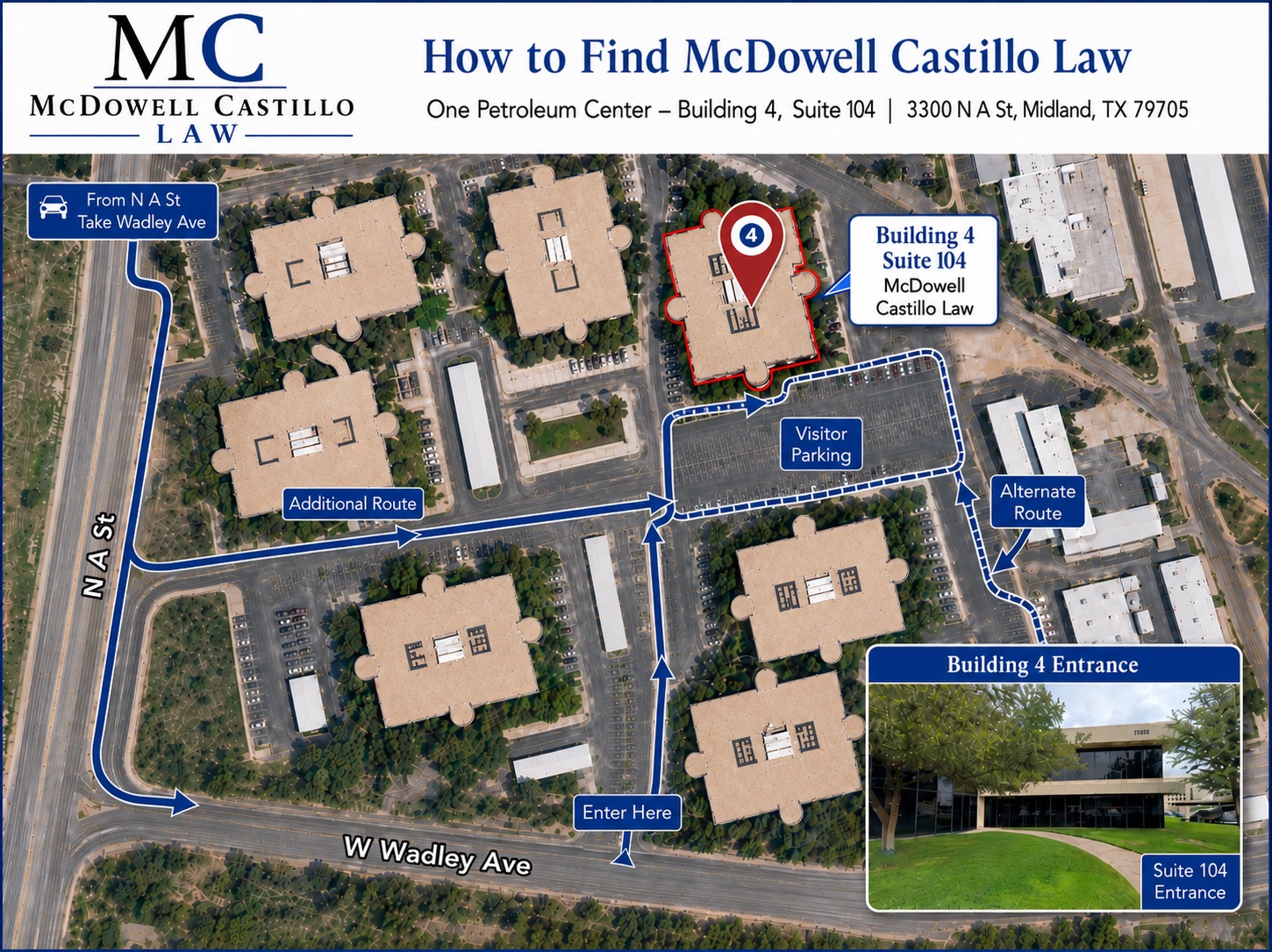 Directions graphic to McDowell Castillo law firm office in Midland, Texas