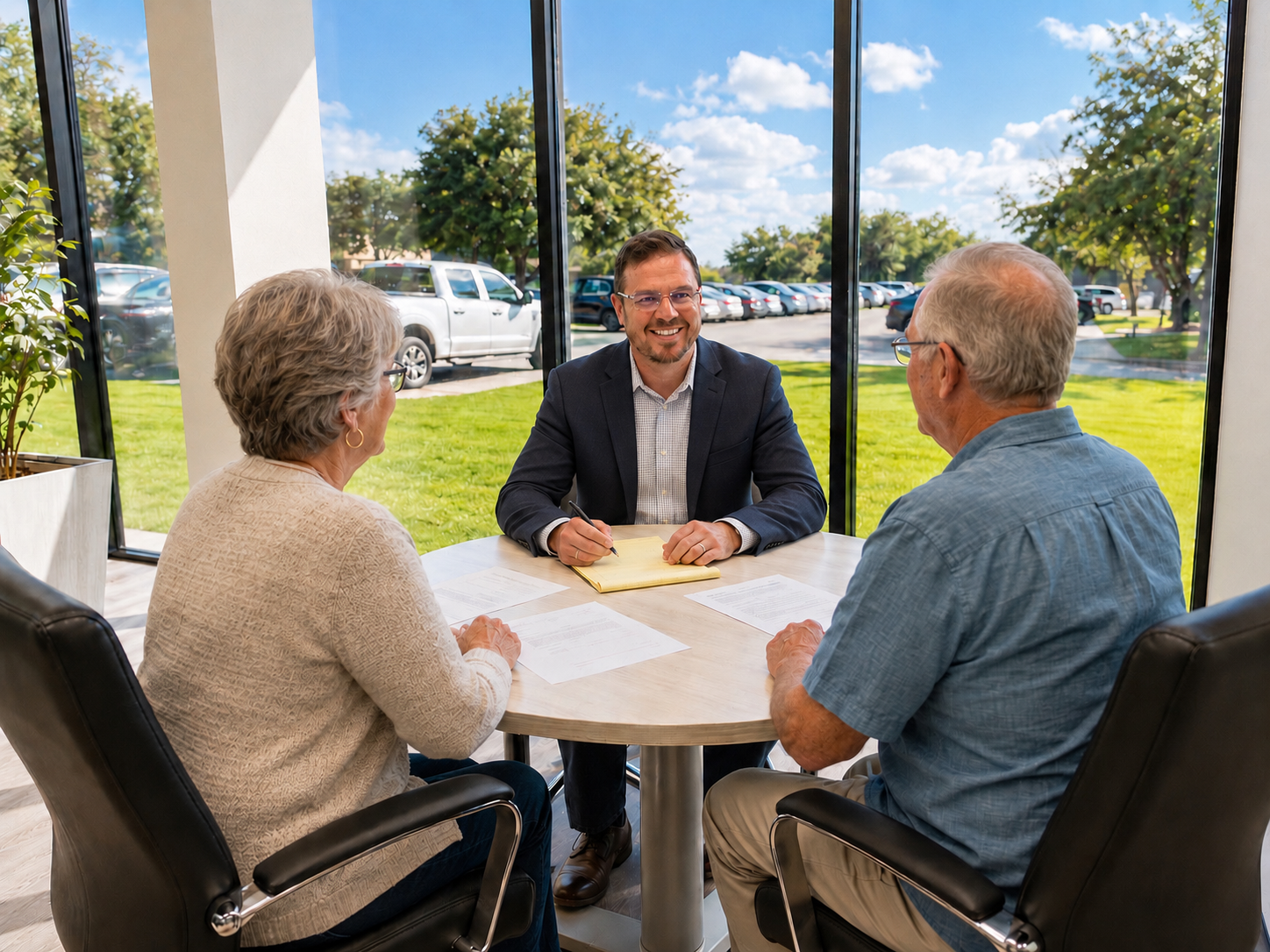 Attorney meeting with clients in a professional office